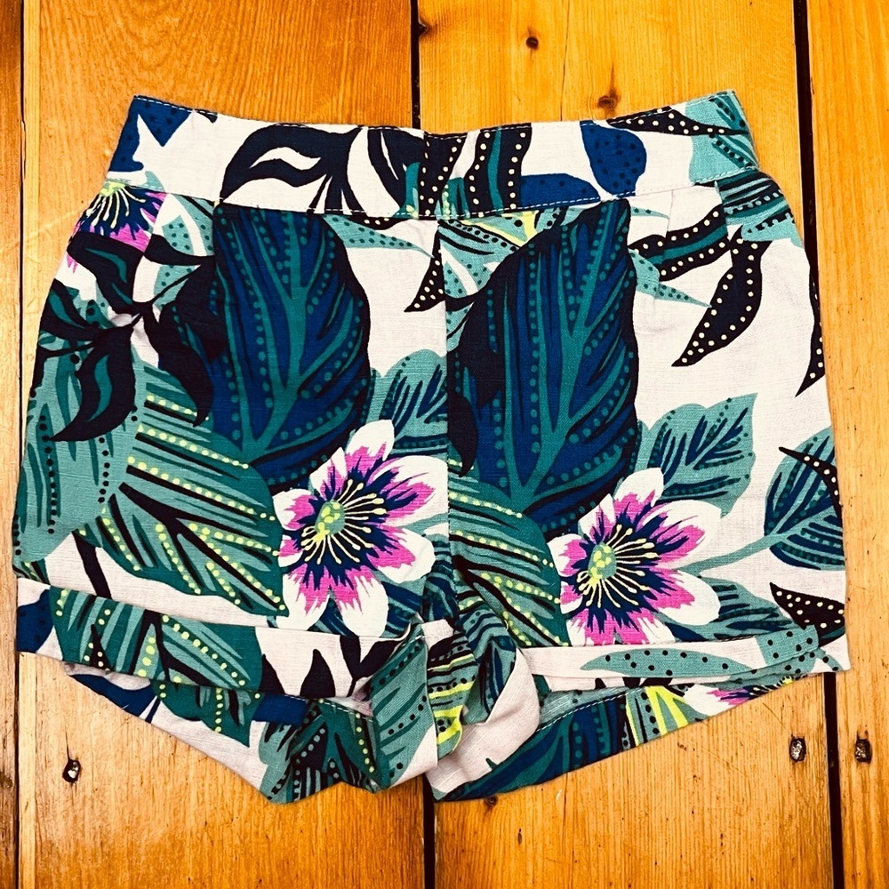 Gap Girls Tropical Leaf Floral Linen Cotton Shorts Summer Pockets Elastic Waist